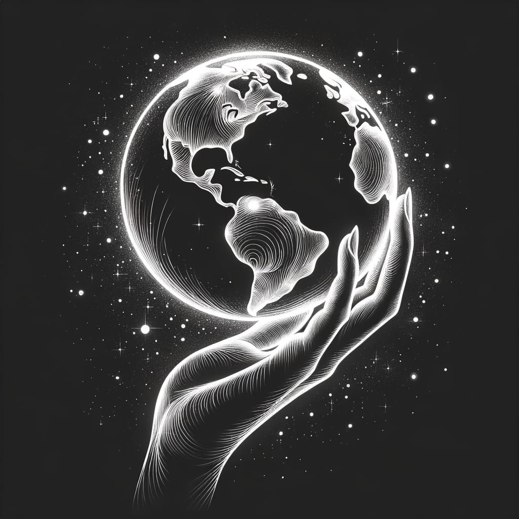 Hand Holding Earth: Minimalist Glowing Line Art