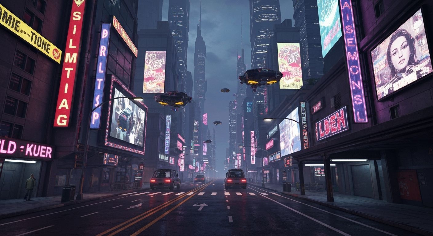 Neon Cyberpunk Cityscape with Flying Cars and Holograms