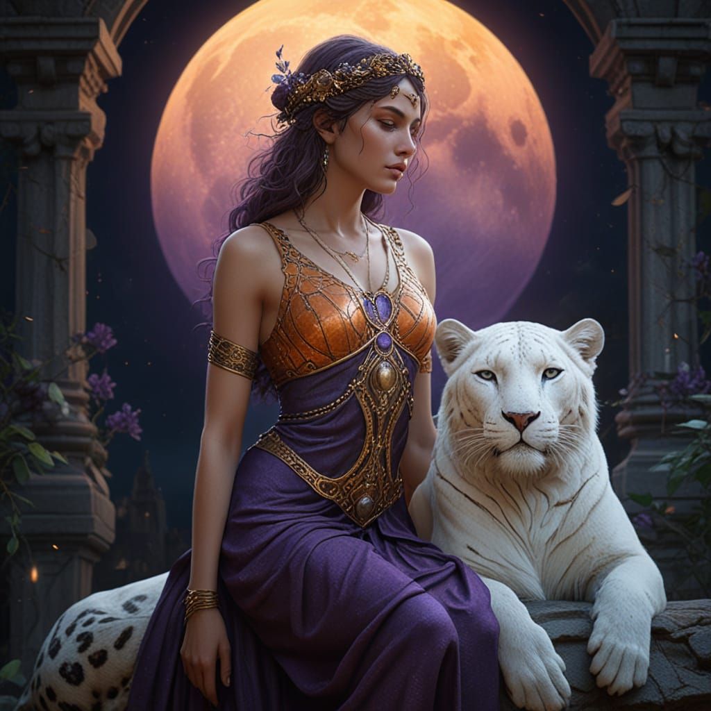 Majestic Goddess of Whispers, Cradling a White Leopard