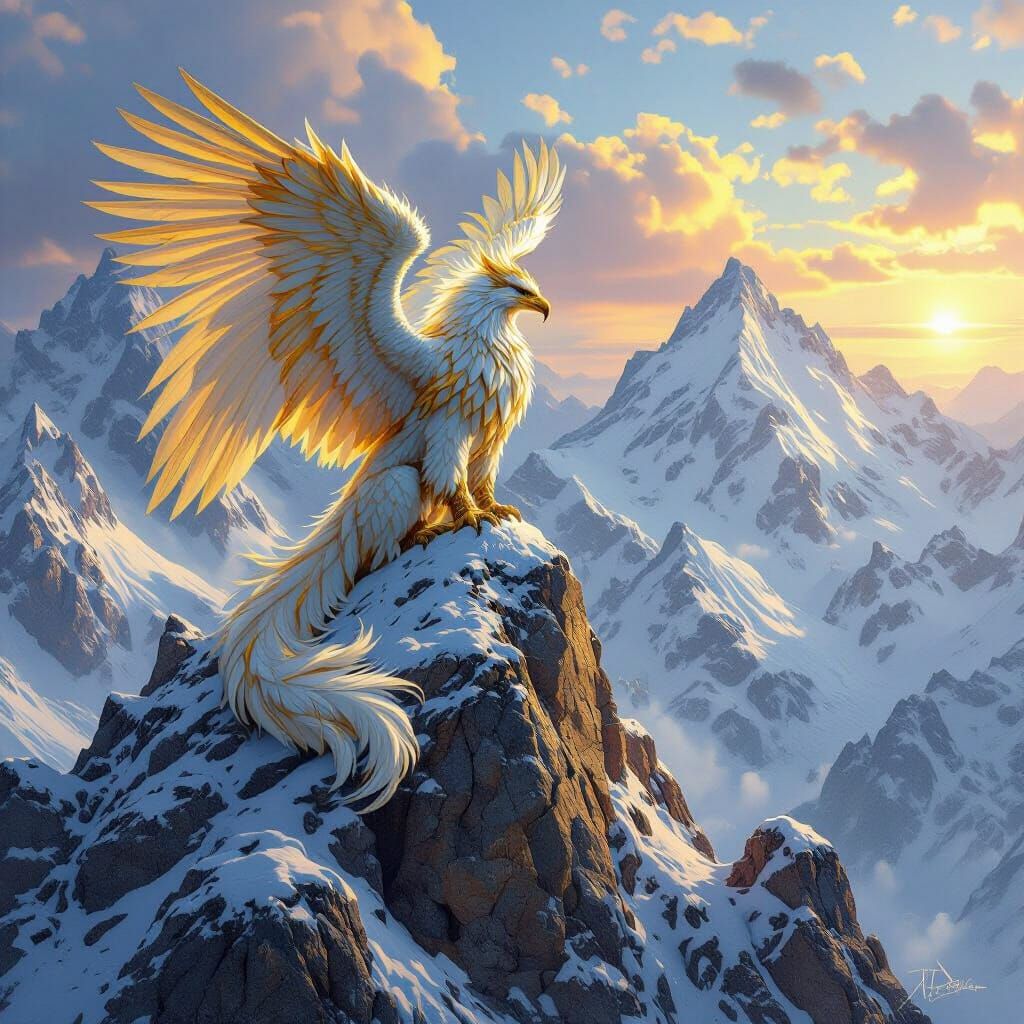 Griffin on Snow-Capped Peak in Hyperrealistic Digital Painti...