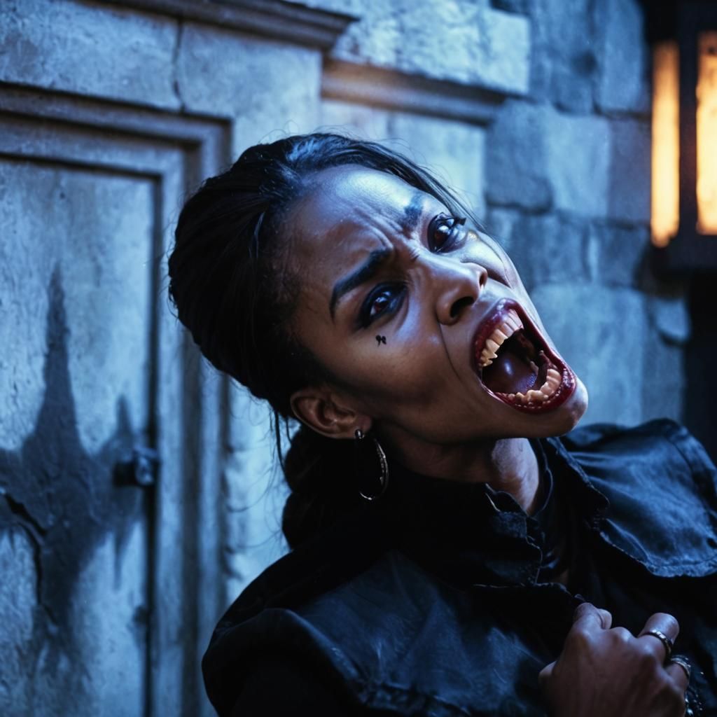 African Vampire Woman Hissing in Shadows