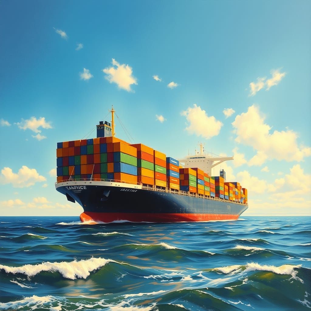 Majestic Cargo Ship in Traditional Oil-Painting Style