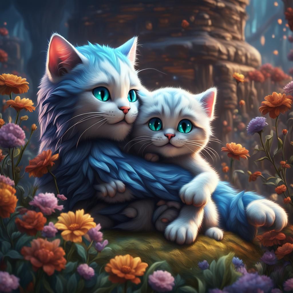 Two Cute Cats Hugging: Detailed Fantasy Art