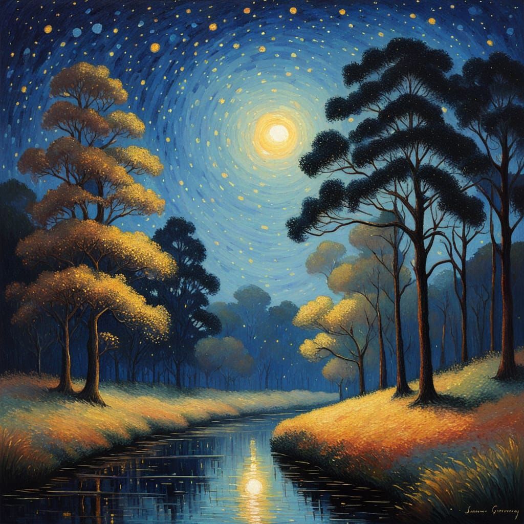 Night Sky Landscape in Impressionist Oil Painting Style