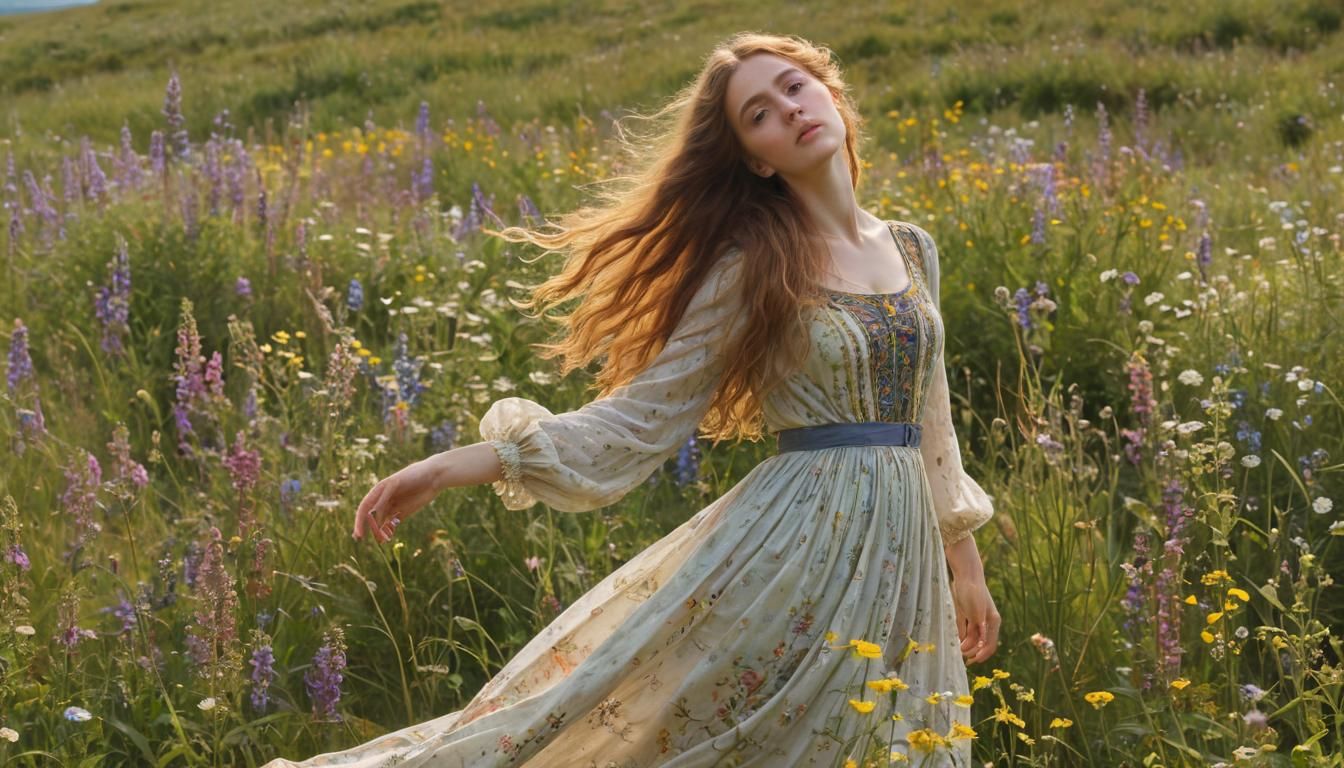 Woman in Meadow: A Pre-Raphaelite Painting