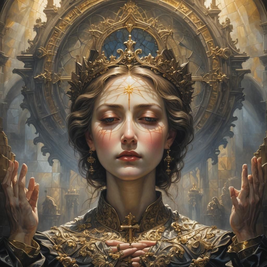 Gothic Cathedral Prayer in Baroque Chiaroscuro