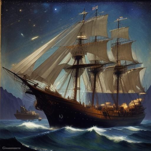 Spacecore Schooner Firing Lasers: Art Nouveau Style