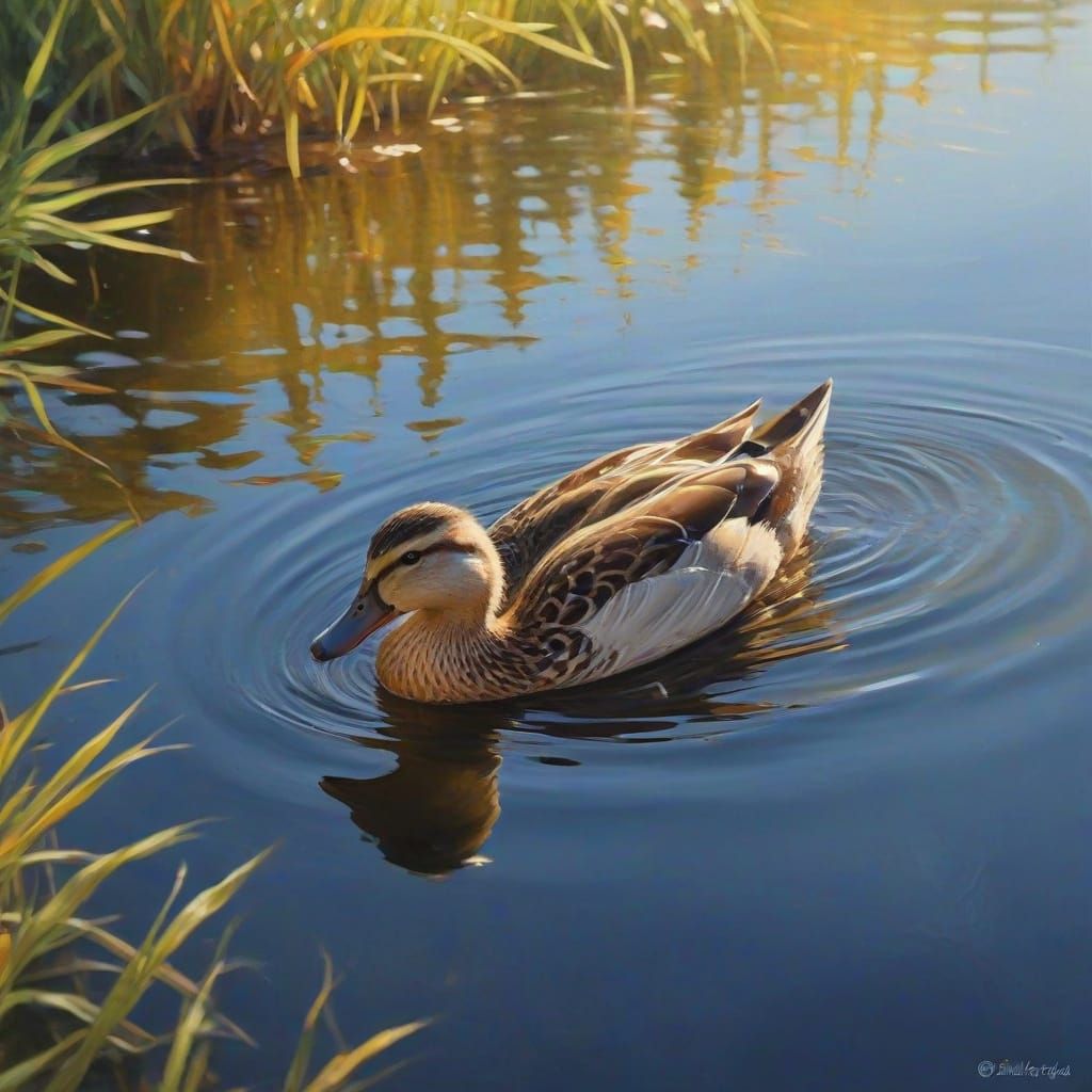 Duck and Ducklings: An Impressionist Gouache Painting