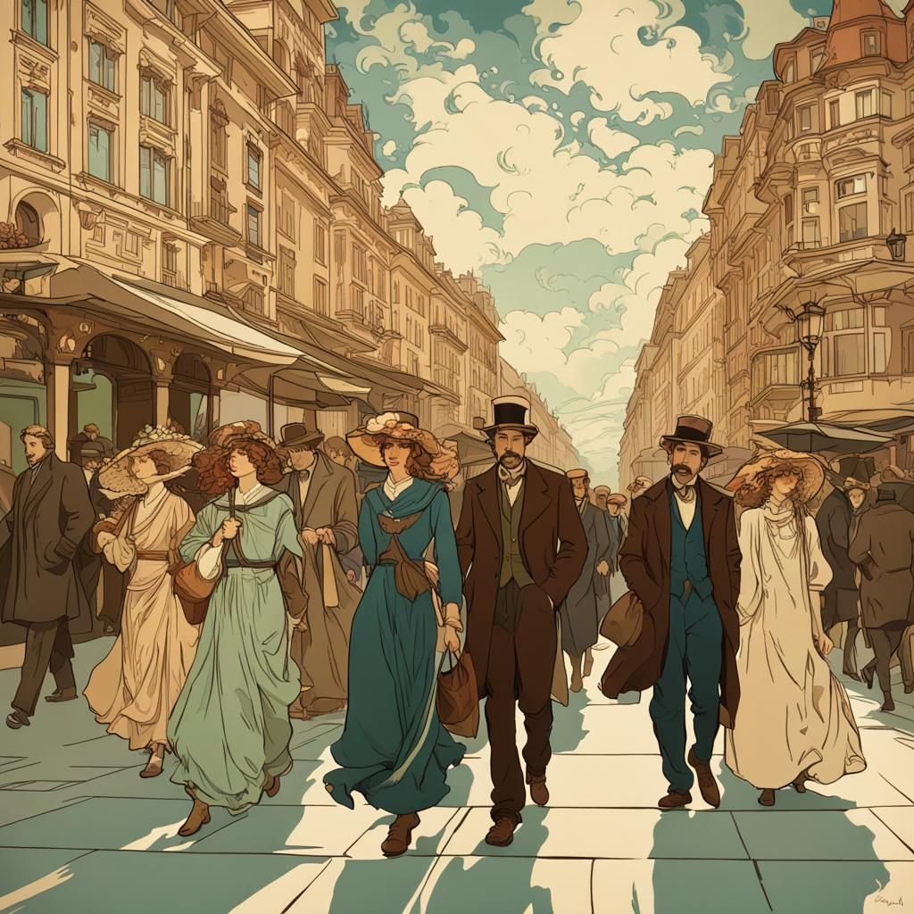 People Walking in Town in Art Nouveau Style