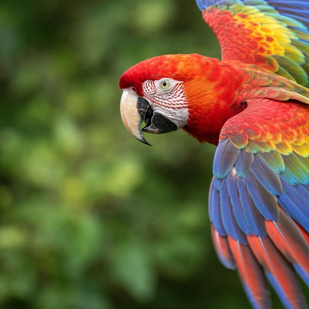 Scarlet Macaw's Flight: Extreme Macro Bird's-Eye View