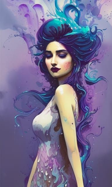 Persian Girl with Purple Hair in Gouache Painting