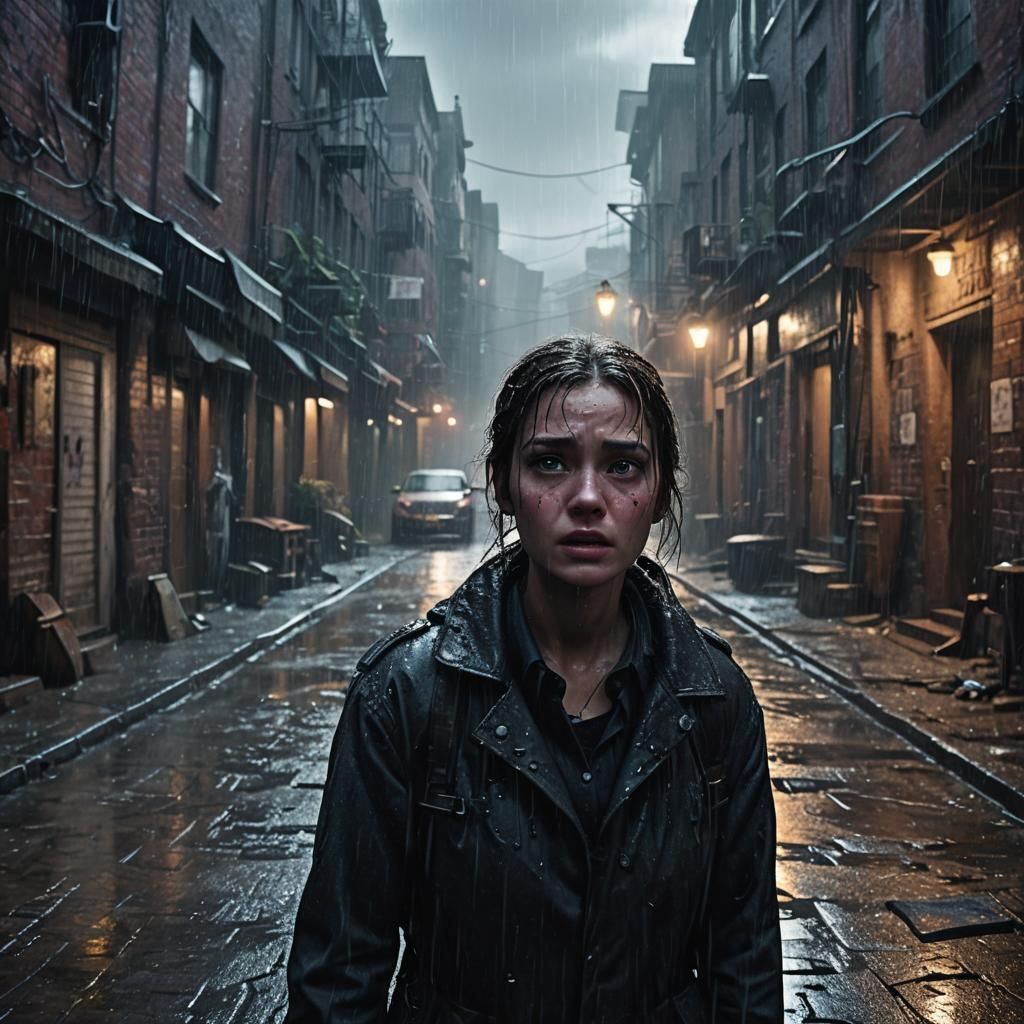 Traumatized Witness in Rain-soaked Alleyway
