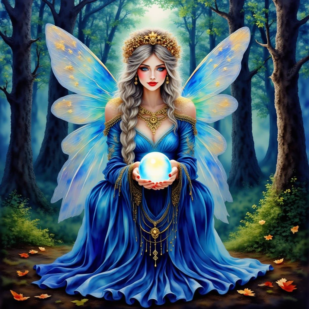 Fairy Fortune Teller in Azure Armor with Crystal Ball