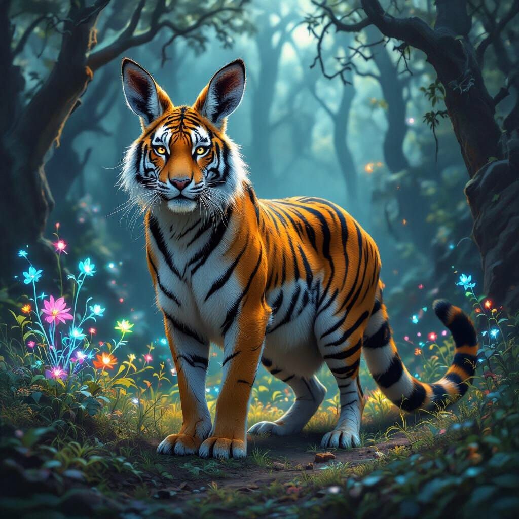 Mystical Hybrid Kangaroo-Tiger in Enchanted Forest
