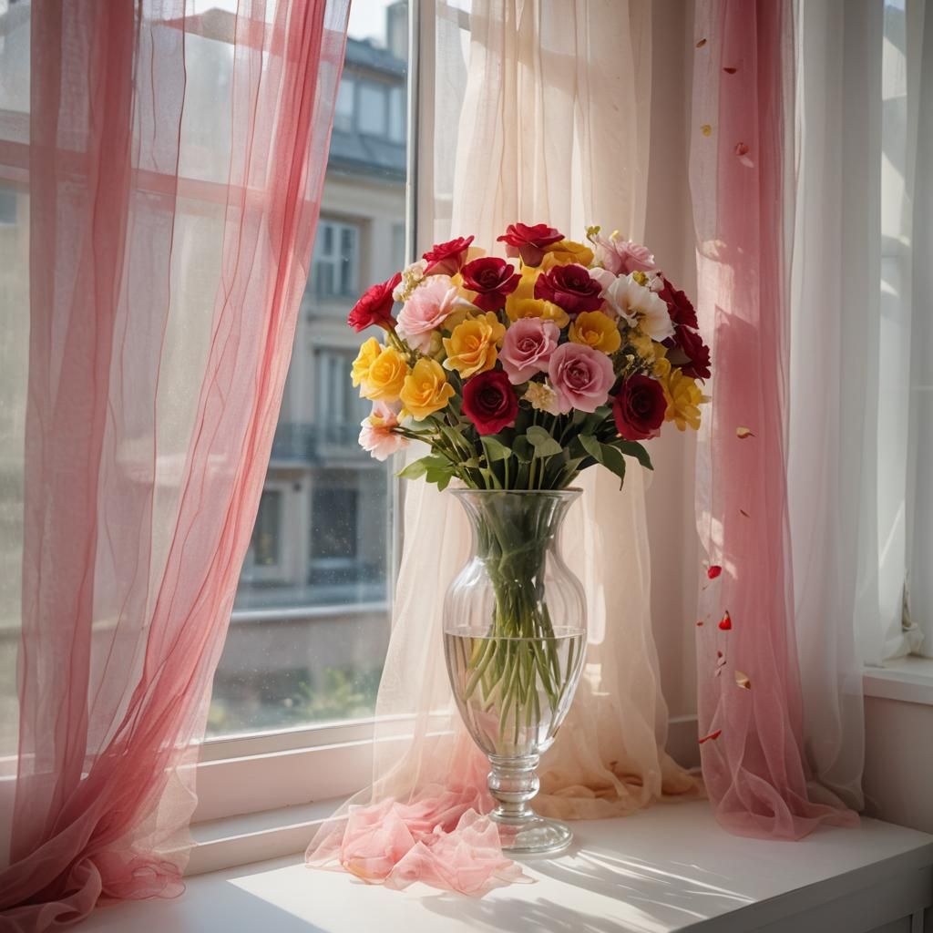 Artificial Tulle Flowers on a Windowsill