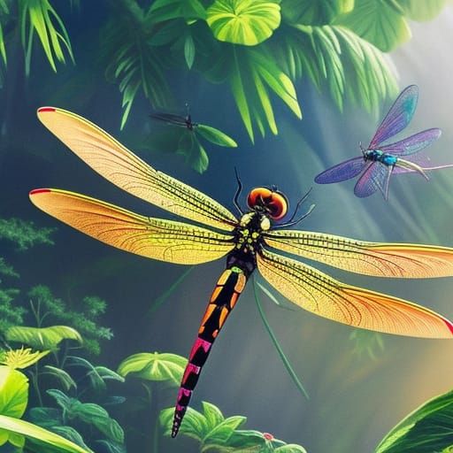 Cyberpunk Dragonfly in Tropical Jungle Landscape
