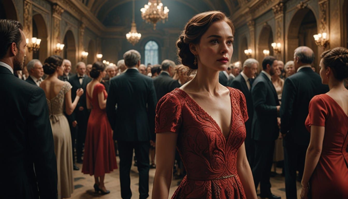 Woman in Red Dress in Crowded Room, Cinematic Film Still
