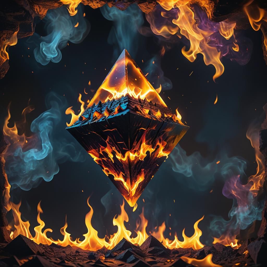 upside down pyramid with flames floating in the dark color s...