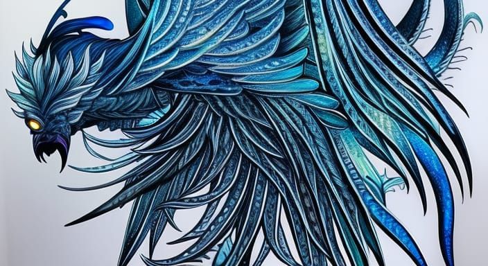 Bioluminescent Phoenix-Crow on Branch in Liquid Gouache