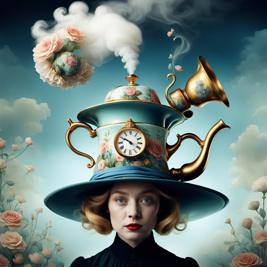 Surreal Teapot Hat in Dreamy Double Exposure