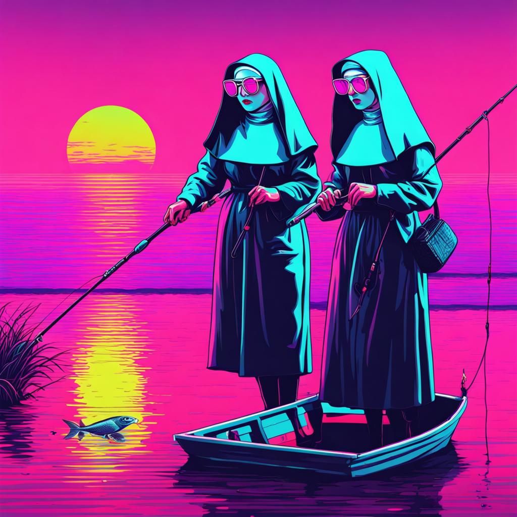 Nuns Fishing in Synthwave Neon Retro Style