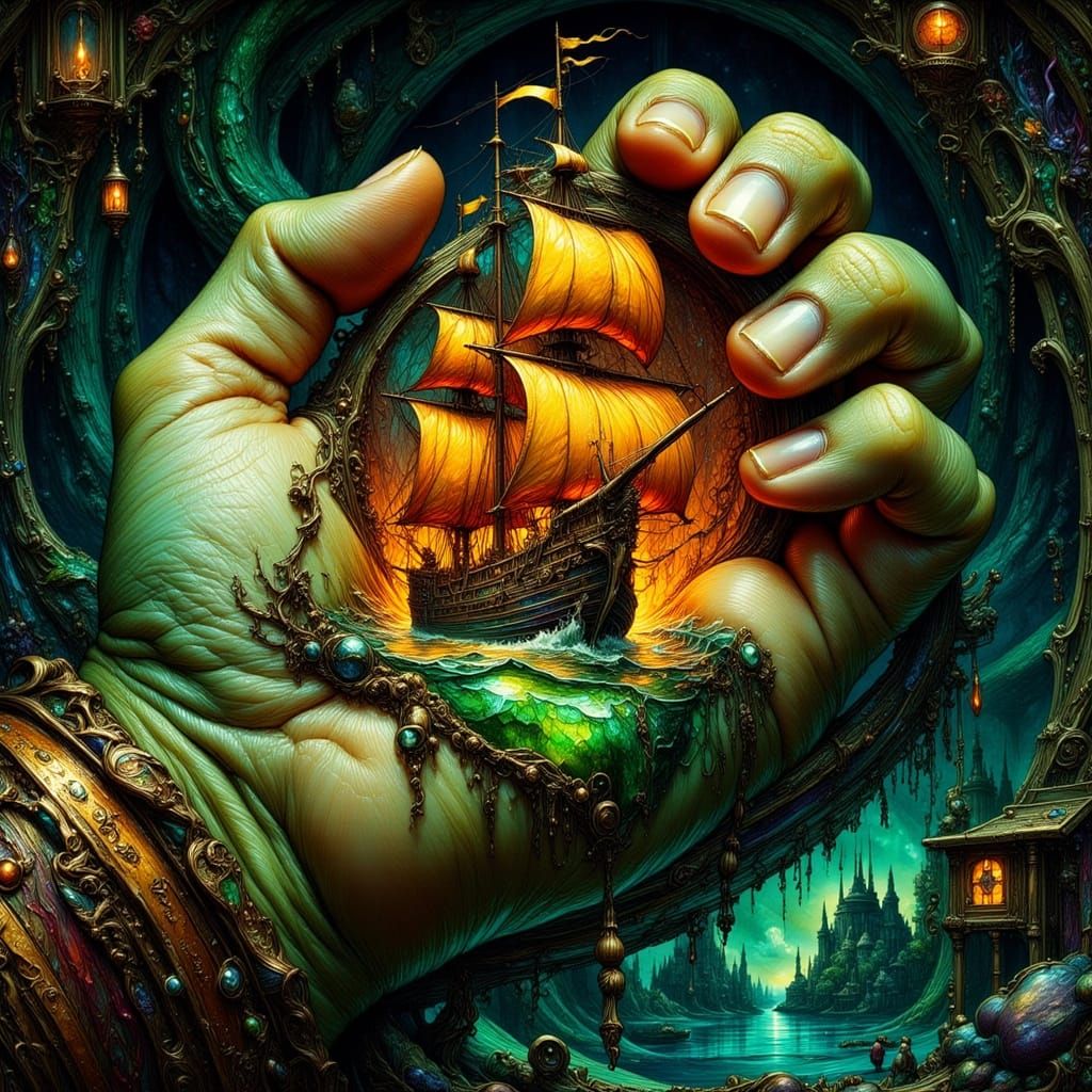 Hyperrealistic Fist Holding Sail Ship with Neon Accents