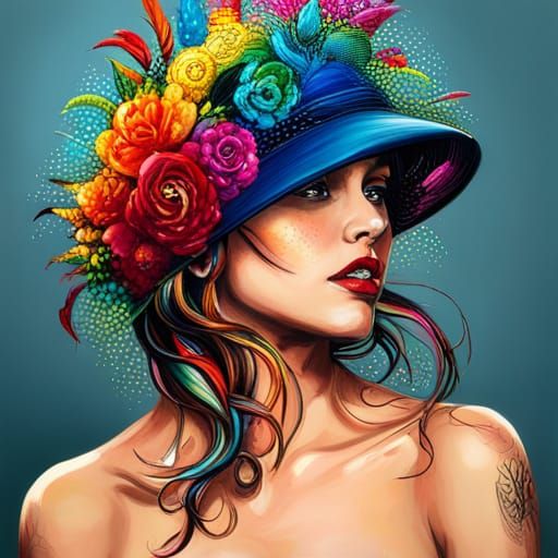 Rainbow Hat with Veil in Graffiti Art Style