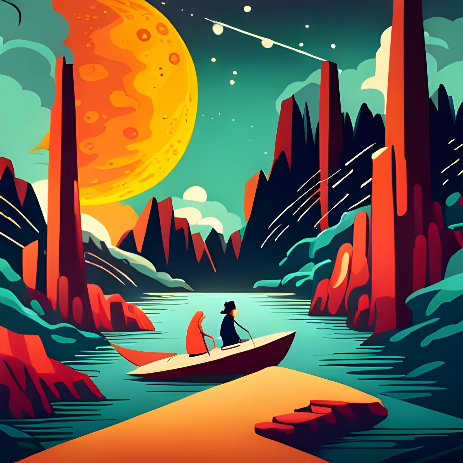 Surreal River Crossing with Celestial Light Streaks