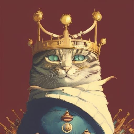 Intricate Cat Portrait with Crown, Trending Art