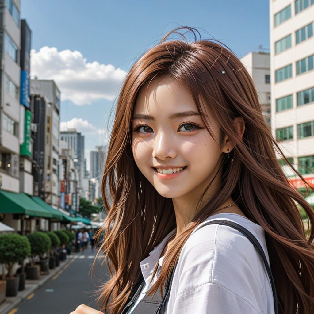 Western-Inspired Korean Woman in Futuristic Cityscape