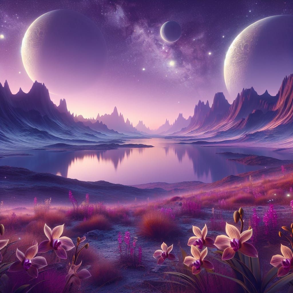 Alien Landscape with Two Moons and Orchids