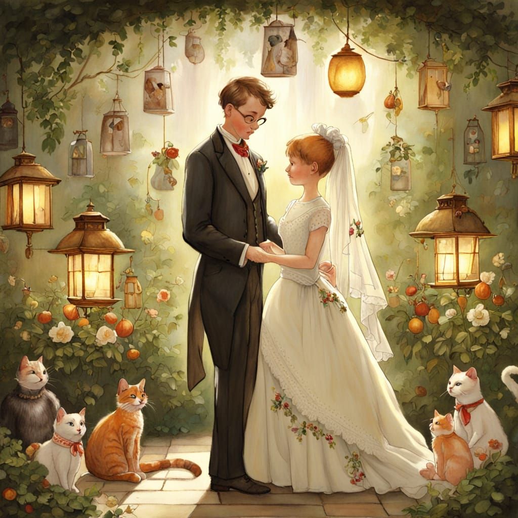 A cat couple getting married Norman Rockwell