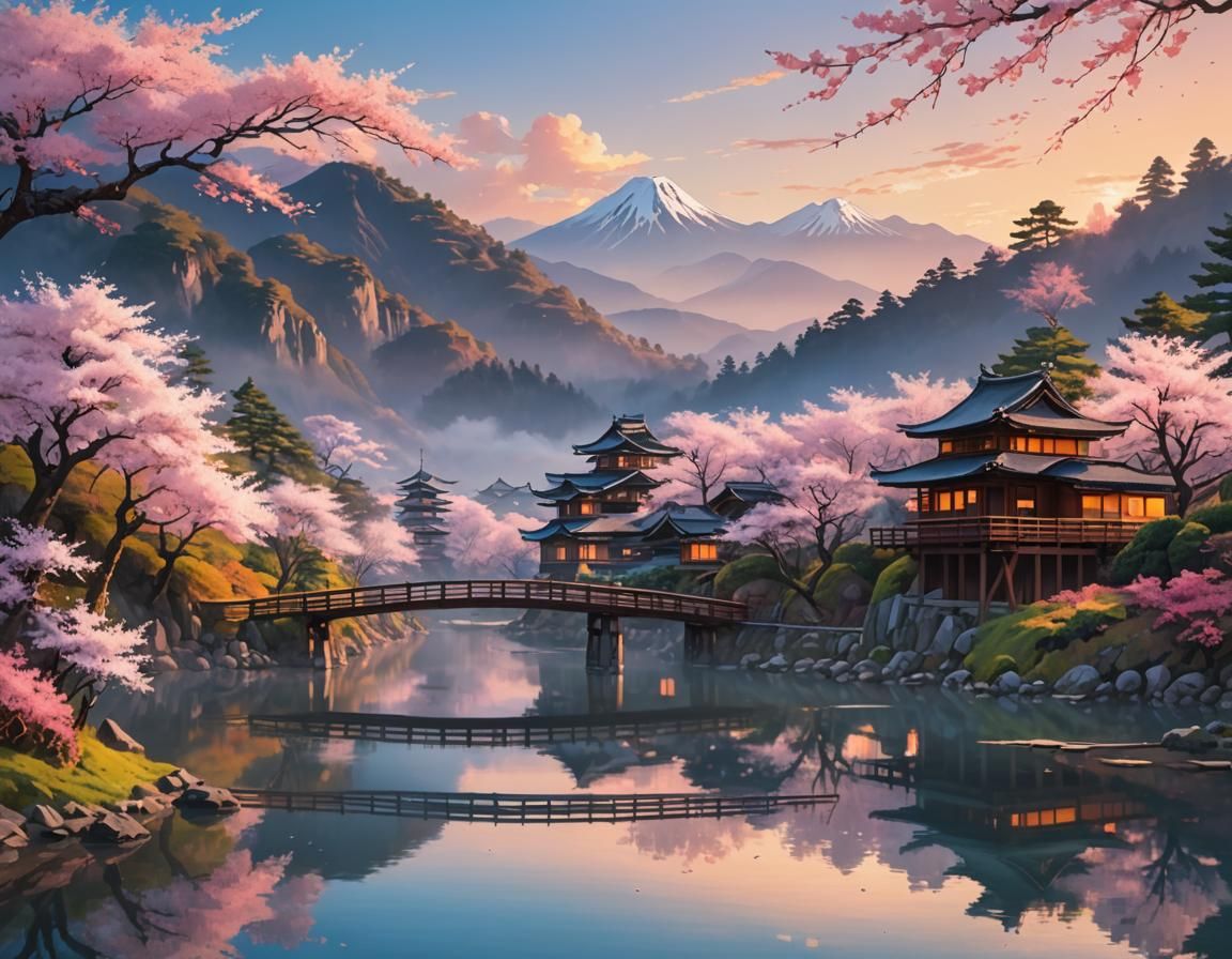 Serene Japanese Village Amidst Misty Mountains