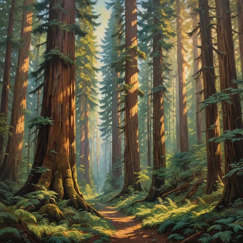 Redwood Forest in Impressionist Painting Style