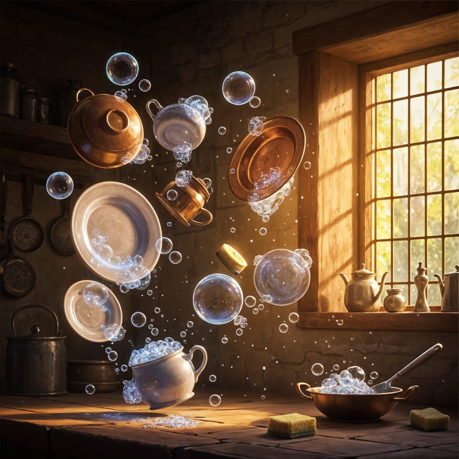 Magical Floating Dishes Wash Themselves in Medieval Kitchen