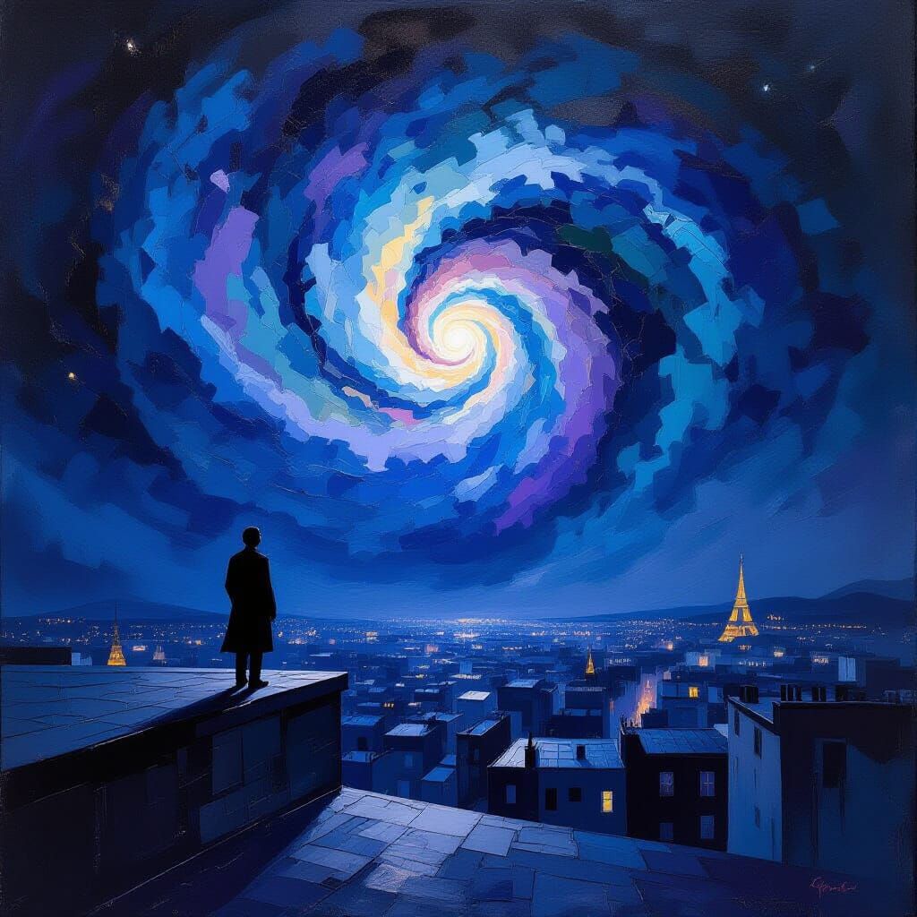 Figure Gazing at Nebula Above Paris Rooftop