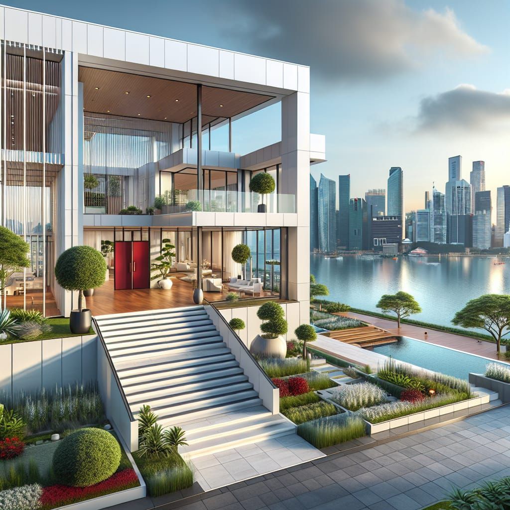 Modern House with City Skyline: 3D Render