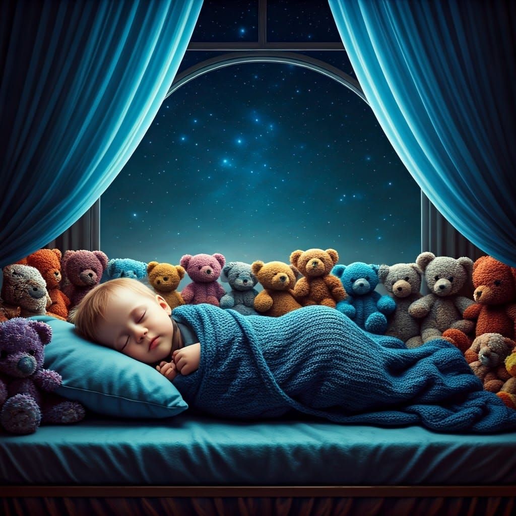 Sleeping Baby in Crib Under Starry Sky