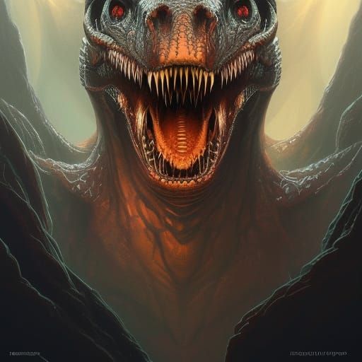 Demonic T-Rex Portrait in Eldritch Horror Style