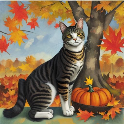 Autumn Stray Cat Paper Collage Art