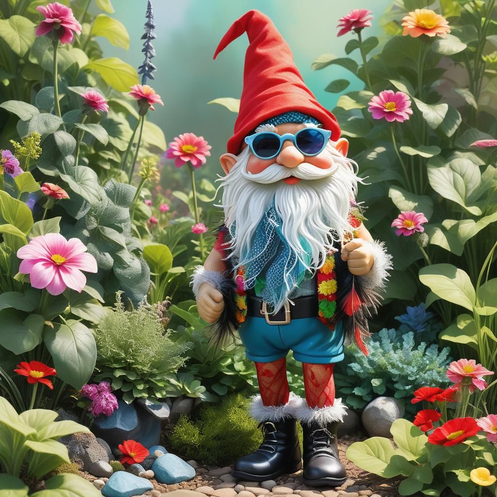Whimsical Gnome in Garden with Fishnet Stockings