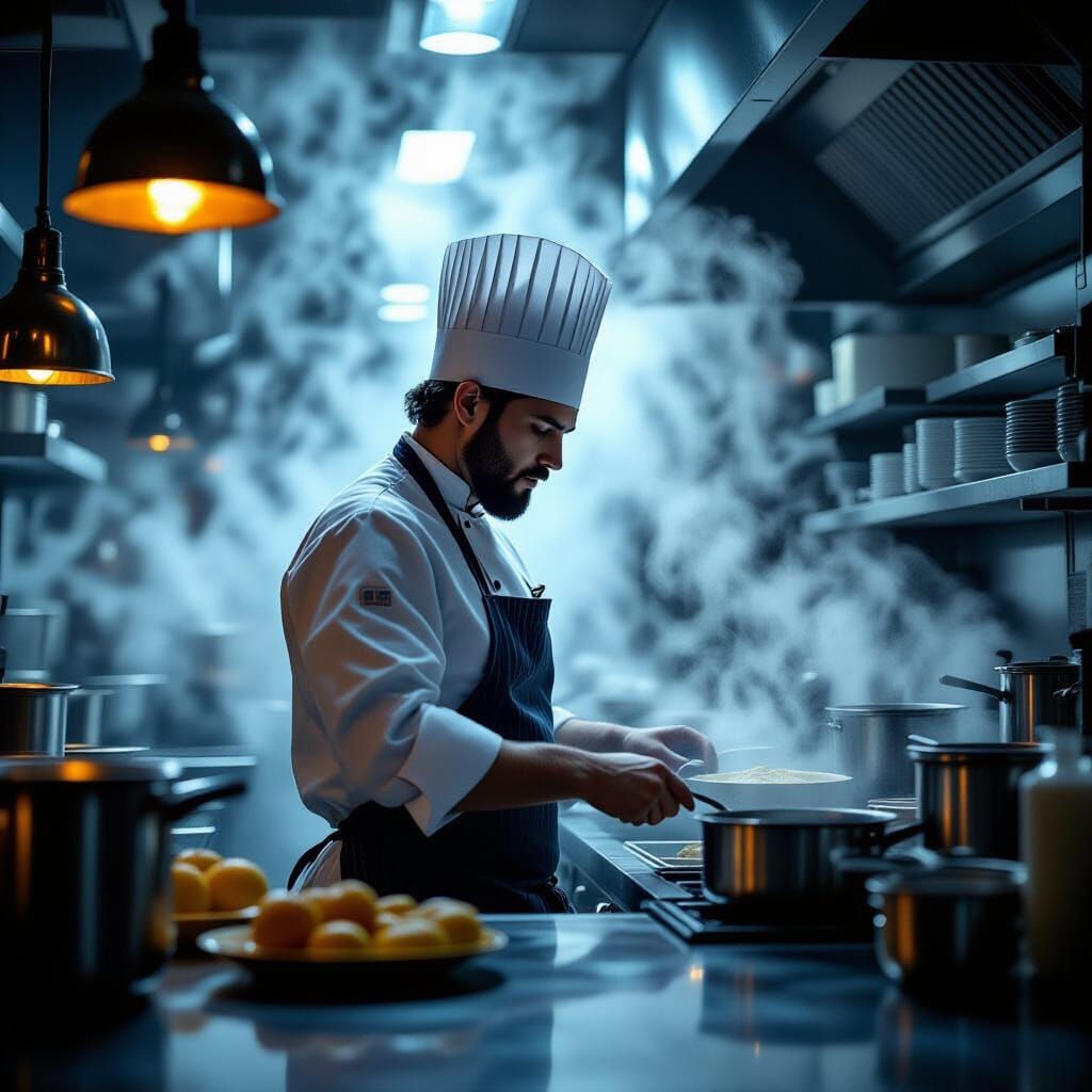 Mysterious Chef Silhouette in Steamy Kitchen