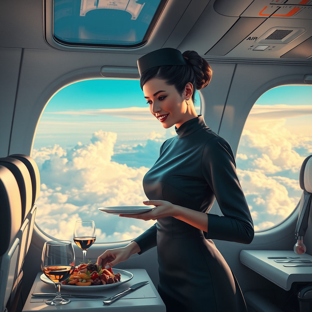 Futuristic Air Hostess Serving Meal in Sleek Aircraft
