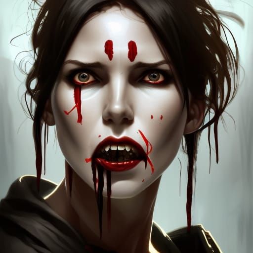 Vampire Woman Biting: Hyperdetailed Portrait in Blood