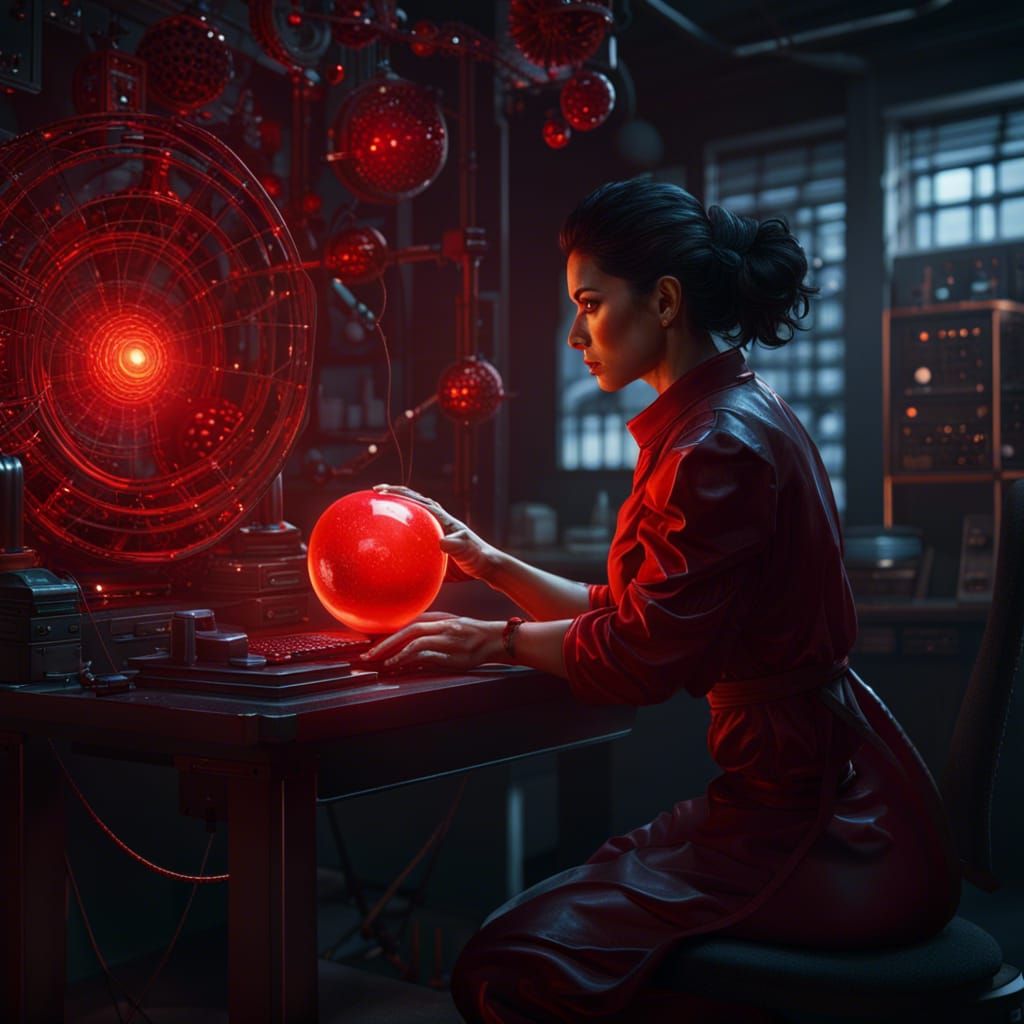 Scientist Opens Red Orb: Detailed Digital Art