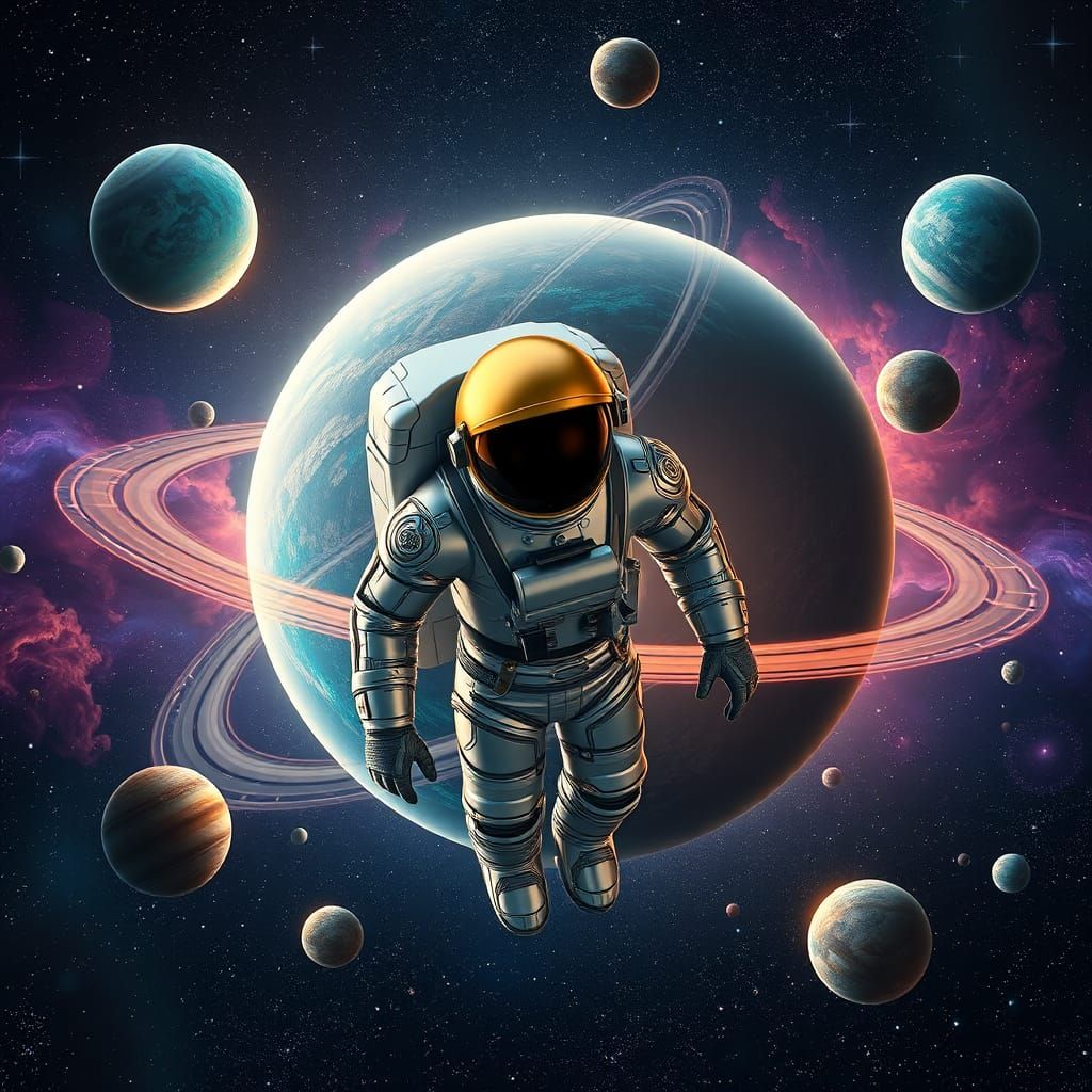 Astronaut Floating in Star-Studded Cosmos