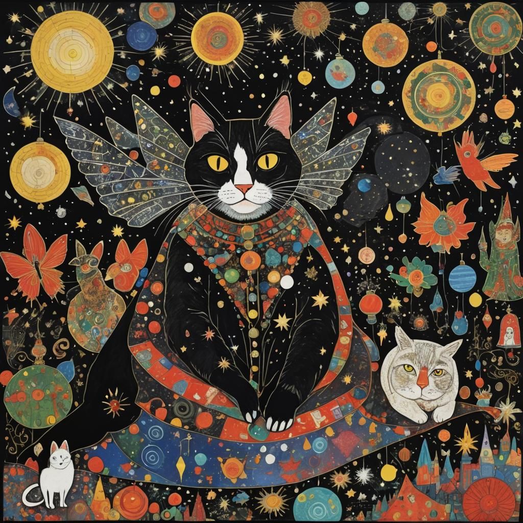 Flying Cat in Clarke, Klimt, and Kahlo Style