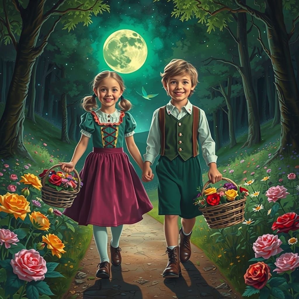 Hansel and Gretel Stroll Under a Vibrant Green Moon in Encha...