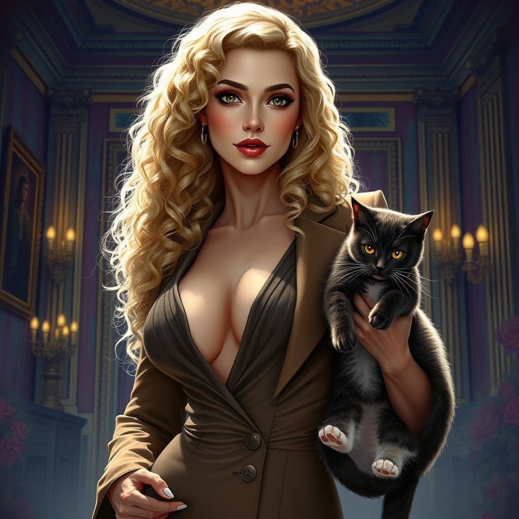 Woman with Cat in Mansion, Hyperrealistic Splash Art