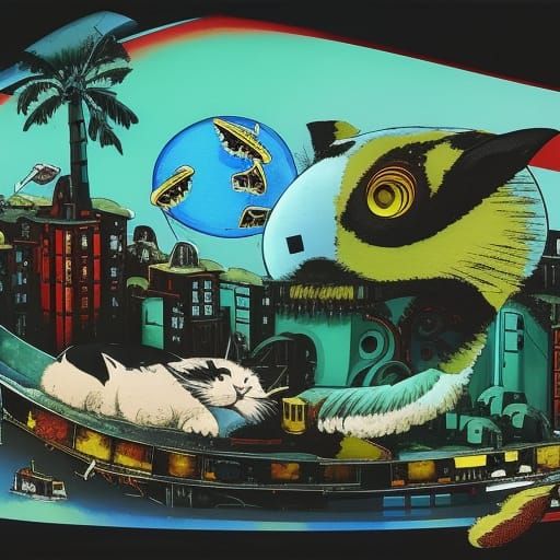 Biopunk Cat in the Style of Chagall and Onchi